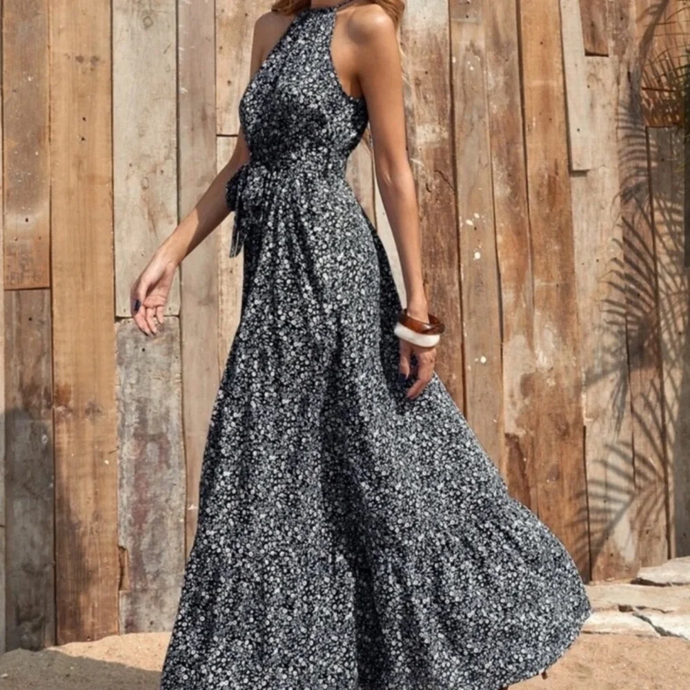 Boho floral print halter maxi dress